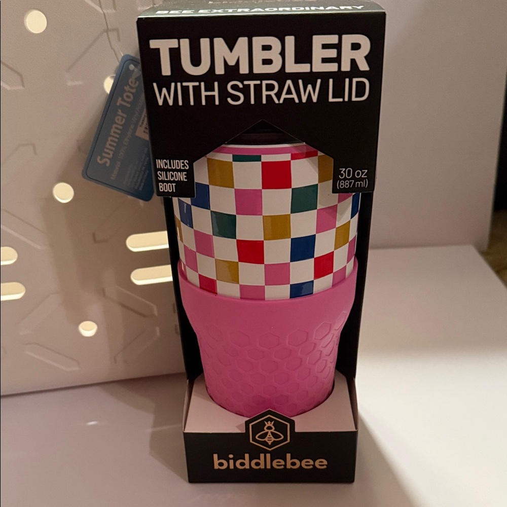 Biddlebee 30oz Tumbler with Straw Lid - Pink Silicone Boot & Colorful Checker